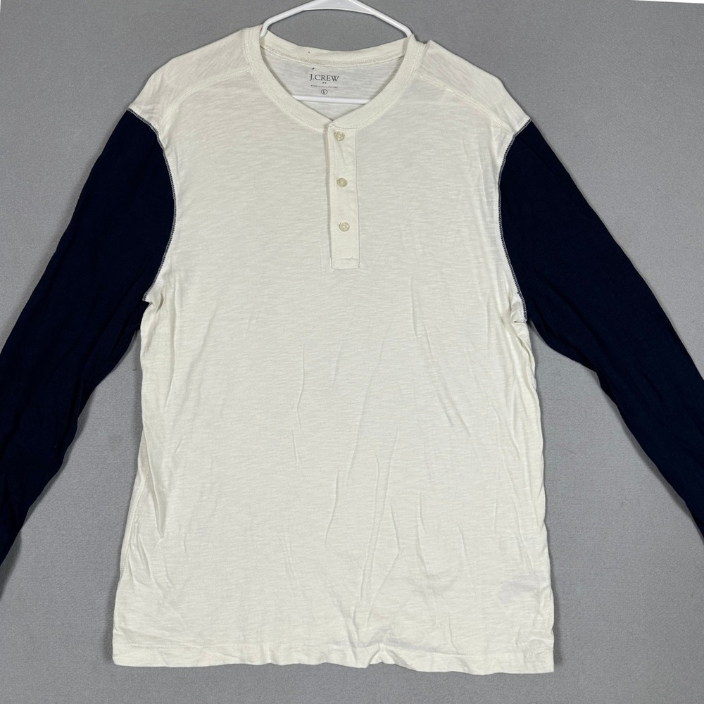 J Crew Shirt Mens Large Henley Navy Cream Colorblock Casual Raglan Long Sleeve